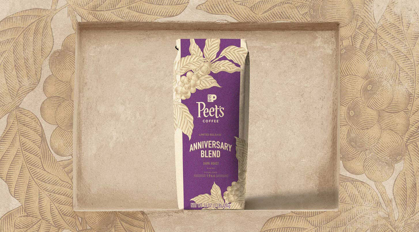 Peet's Coffee Anniversary Blend 2025 coffee beans in a 16oz purple bag
